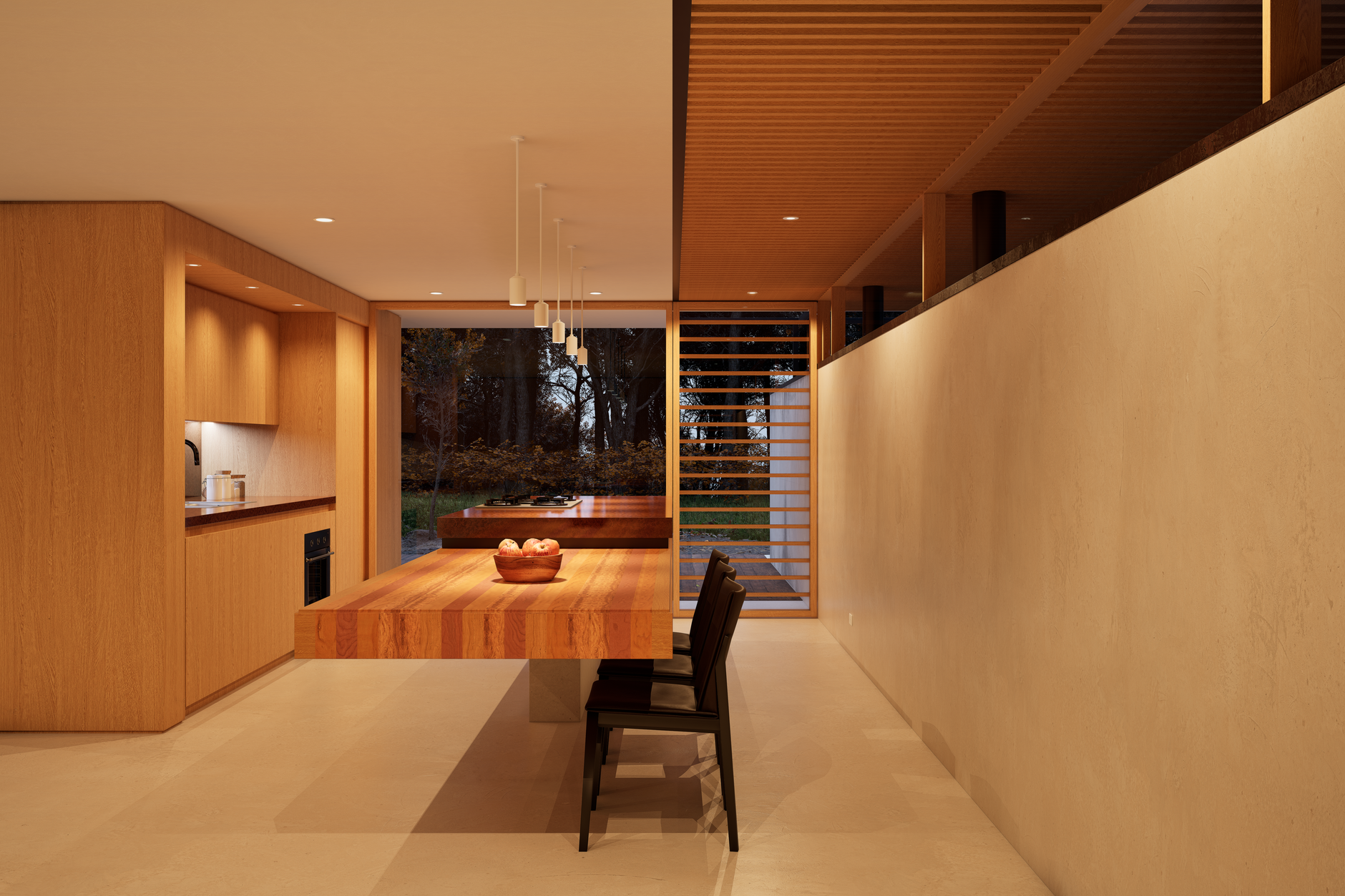 Sleek contemporary kitchen with warm wood tones and minimalist design — residential interior